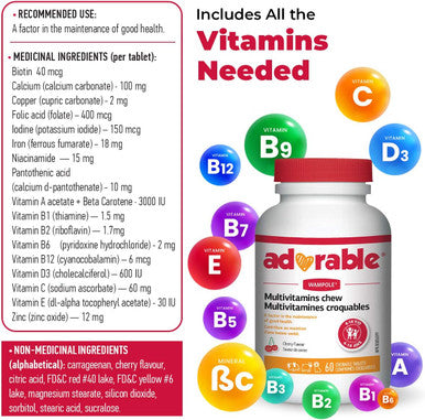 Wampole Adorable Kids Multivitamins Chew 100% of 4-18 Y/O Daily Intake 60 chewable tablets
