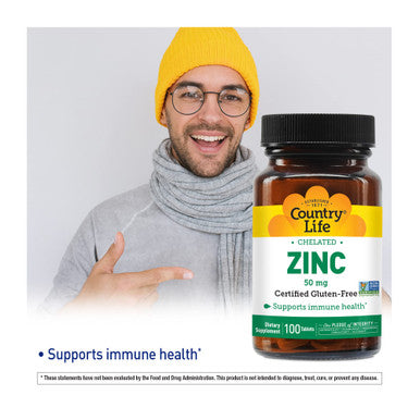 Country Life Zinc 50Mg Amino Acid Chelate 100 Tablets Certified Gluten Free Certified Vegan Non-Gmo Verified