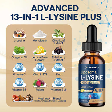 Gz Haoyuan Liposomal L-Lysine 1000Mg Liquid Drops 13-In-1 Lysine Monolaurin Supplements Olive Leaf Extract With Vitamin C B6 D3 B12 & Zinc For Collagen Lip Skin & Immune Support For Kids & Adults 2Oz