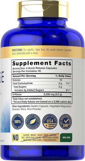 Carlyle D-Ribose Capsules | 3200mg | 180 Pills | Advanced Formula | Non-GMO Gluten Supplement