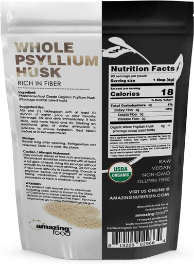 Amazing Nutrition Food Whole Psyllium Husk | 1 Lb | USDA Organic | Vegan | Non-GMO | Gluten | Made in USA
