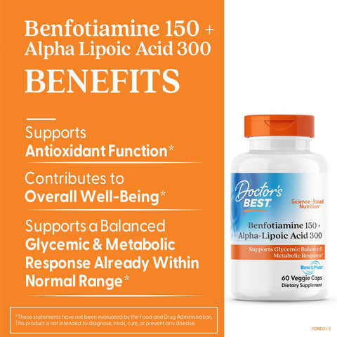 Doctor'S Best Benfotiamine Alpha Lipoic Acid (Ala) Nutritional Supplement - Support For Glycemic Balance & Metabolic Response Benfotiamine 150 Mg & Alpha-Lipoic Acid 300 Mg Capsules 60 Veg Caps