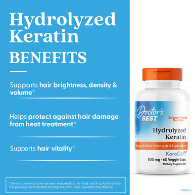 Doctor's Best Hydrolyzed Keratin Keraglo Strengthen Nourish Hydrates Hair High Potency 500mg 60 Count