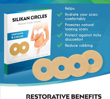Areola Silicone Scar Gel Circles Sheets 2 Pair(4 Medical Grade Sheets)2Mth Reusable Silicon Sheet/Disc Tape Strips Heal Restore Breast Surgery Nipple Scar Mastectomy Breast Reduction Supplies Silikan