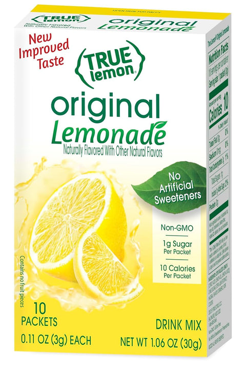True Citrus TRUE LEMON Original Lemonade Drink Mix No Artificial Sweeteners Low Calorie Water Flavor Packets & Water Enhancer with Stevia 30 Count (Pack of 1)