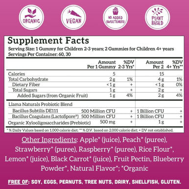 Llama Naturals Kids Probiotic with Prebiotic Fiber Vegan Organic Prebiotics and Probiotics Gummies for Gut Health Support Toddler Real Fruit Gummy Vitamins No Added Sugar Cane Mixed Berry 60 Ct