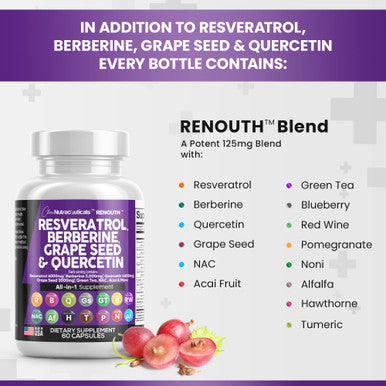 Resveratrol 6000mg Berberine 3000mg Grape Seed Extract 3000mg Quercetin 4000mg Green Tea Extract - Polyphenol Supplement for Women and Men with N-Acetyl Cysteine, Acai Extract - 60 Caps