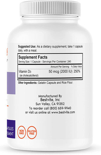 Vitamin D 2000 IU (240 Capsules) - No Stearates - Non GMO - Gluten Free