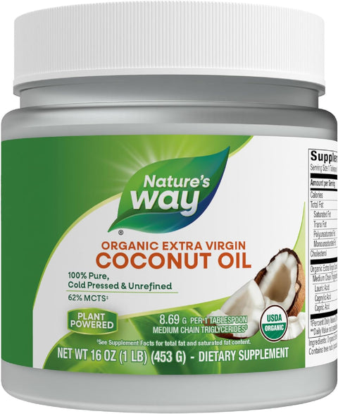 Nature's Way USDA Organic Extra Virgin Coconut Oil, Organic Virgin Coconut Oil, Pure, Cold-Pressed, Hexane Free, Gluten Free, Contains 62% MCTs, Non-GMO Project Verified, 32 Oz (Packaging May Vary)