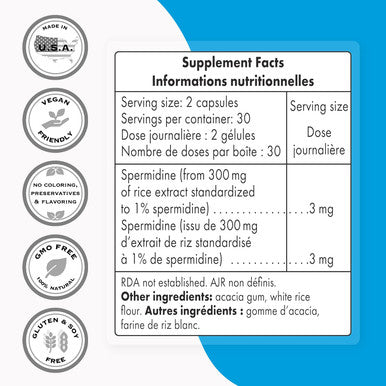 Supersmart Spermidine 300 mg Per Day Anti Aging Supplement Promotes Autophagy 100 Vegan Friendly AdditiveFree NonGMO Gluten Free 60 Vegetarian Capsules