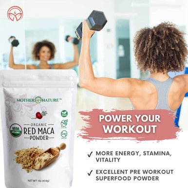 Mother Nature Organics Superfoods for Organic Living Usda Organic Red Maca Root Powder Raw Vegan Hormone Regulation Great Pre Workout Muscle Mass Gain Non Gmo (1Lb)