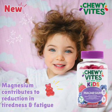 Chewy Vites Kids Magnesium 2 Months Supply 60 Kids Vitamins Gummies 500mg Magnesium Citrate Providing 56mg per Gummy Real Fruit Juice Age 3 + Berries Flavour