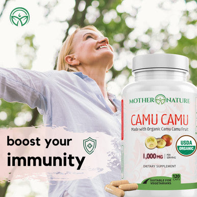 Mother Nature Organics Superfoods for Organic Living Organic Vitamin C From Camu Camu Capsules 1,000Mg, Packed With Natural Vit C, Raw Antioxidants - Immune Support Supplement & Anti-Aging For Skin - Powder Organic, Vegan, Non-Gmo (120 Count)