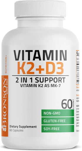 Bronson Vitamin K2 (Mk7) With D3 Supplement Non Gmo Formula 5000 Iu Vitamin D3 and 90 Mcg Vitamin K2 Mk-7 Easy To Swallow Vitamin D and K Complex 60 Capsules