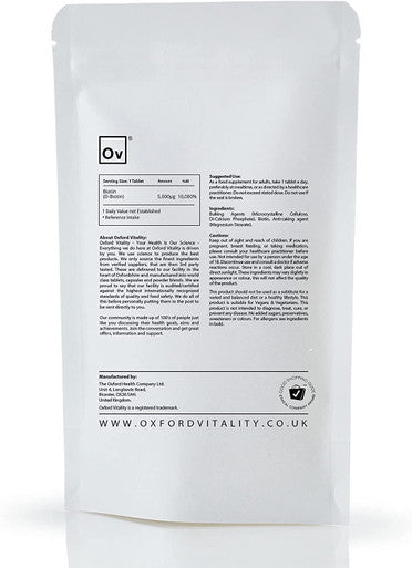 Biotin Tablets 5000mcg | High Strength Supplement | Skin, Hair & Metabolism Support | Vegetarian and Vegan | Oxford Vitality