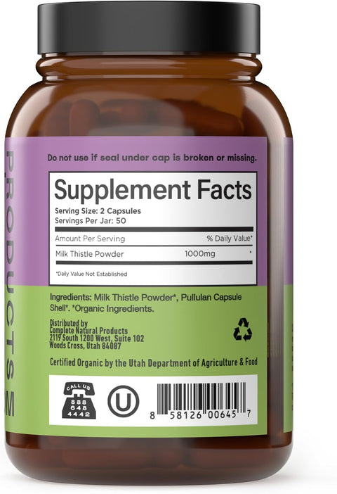 Complete Natural Products Pure Organic Milk Thistle Capsules - 500 Mg Silymarin Powder 100 Pills