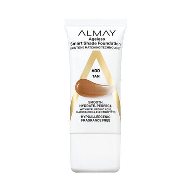 Anti-Aging Foundation by Almay, Smart Shade Face Makeup with Hyaluronic Acid, Niacinamide, Vitamin C & E, Hypoallergenic-Fragrance Free, 600 Tan, 1 Fl Oz (Pack of 1)