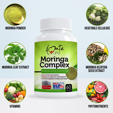 Moringa Capsules Equiv to 5000 mg Moringa Powder - Immune Support Green Superfood Moringa Oleifera Pills Rich Antioxidant Properties Vegan Friendly Anti Aging Support - 60 Capsules by Amate Life
