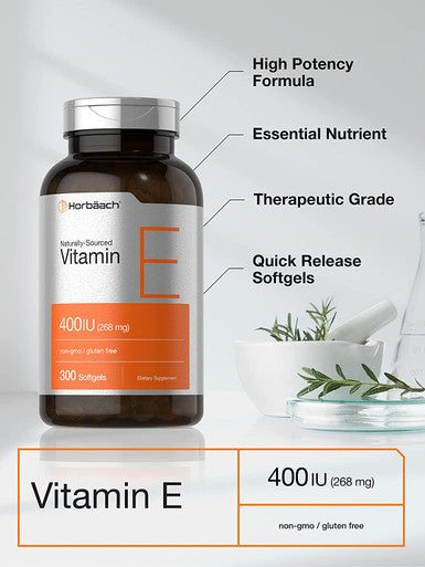 Vitamin E 400 iu Softgels | 268mg | 300 Count | Non-GMO and Gluten Free Naturally-Sourced Formula | D-Alpha Tocopherol | by Horbaach