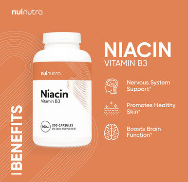 Nui Nutra Niacin (Vitamin B3) Supplement | 500mg | 200 Capsules | Nervous & Cardiovascular System Boost | Skin, Brain, Energy, and Metabolism Support | with Flushing