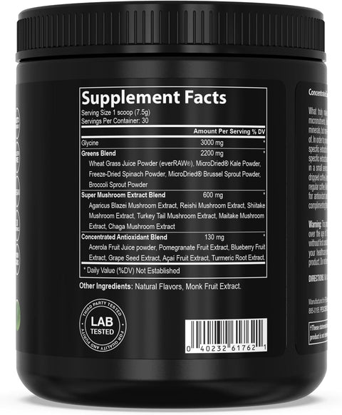 Pescience Greens Powder Superfood With Natural Chlorophyll Reishi & Turkey Tail Mushroom Powders ze-Dried Kale Spinach Broccoli Sprouts Original Flavor 30 Servings