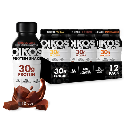 Oikos Protein Shake, Salted Caramel, 30g High Protein Drinks, Shelf Stable, Ready to Drink, 5g Prebiotic Fiber, 12 fl oz Bottle, 12 Count