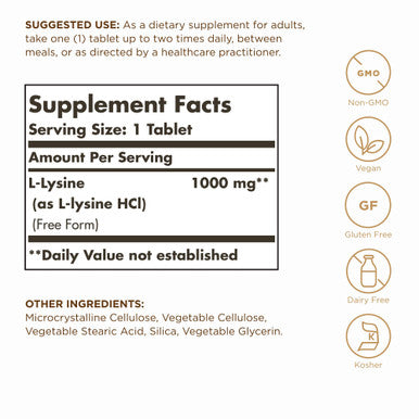 Solgar L-Lysine 1000 Mg - 250 Tablets - Skin & Tissue Support - Non-Gmo Vegan Kosher Gluten Free - 250 Servings