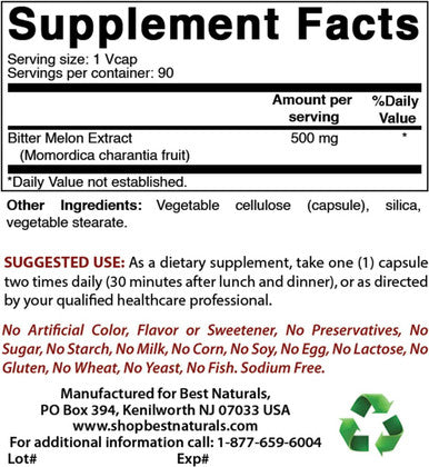 Best Naturals Bitter Melon 500 mg 90 Vcaps (90 Count (Pack of 3))