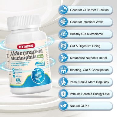 Akkermansia Probiotic, 300 Billion Afu Glp-1 Probiotic For Women & Men, Akkermansia Muciniphila For Glp-1 Production, Digestive, Gut, Immune Health, Enhances Gut Digestive Lining Function, 60 Capsules