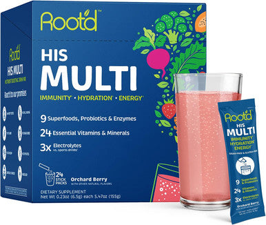 Root'D Multivitamin Powder With 3X Electrolytes For Men - 24 Vitamins & Minerals, 3X Electrolytes, 9 Organic Superfoods, Probiotics & Enzymes, Sugar-Multivitamin & Hydration 24 Packets