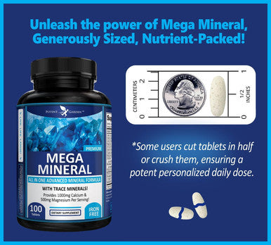 Potent Garden Mega Mineral Supplement Complete Mineral Complex With Calcium Magnesium Zinc Potassium Boron Selenium Chromium & 72 Trace Minerals Iron Calcium Supplement -100 Pills