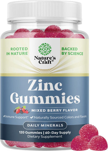 Natures Craft Extra Strength Zinc Gummies for Adults - Chewable Zinc Citrate 50mg Immunity Gummies for Adults - Kosher Halal Gluten and Gelatin Non-GMO Nut Great Tasting Zinc Gummies Adult Formula