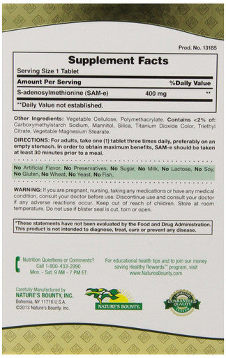 Nature's Bounty Sam-E Dietary Supplement Support Joint Health 400Mg 30 Tablets