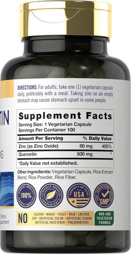Carlyle Quercetin 500mg Capsules | with 50mg Zinc | 100 Count | Non-GMO and Gluten Supplement