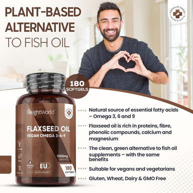 Weightworld Flaxseed Oil Capsules | 2000mg per 2 Softgels | 180 Vegan Omega 3 6 9 softgels High-Strength Alpha Linolenic Acid | Cold-Pressed | Fish Oil Alternative | Essential Fatty Acids Nutritional Supplements