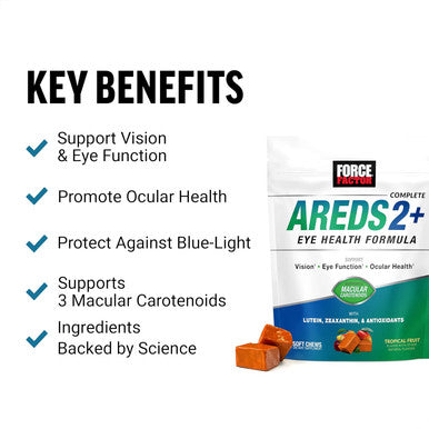 Force Factor AREDS2+ Eye Vitamins with Lutein & Zeaxanthin AREDS 2 Formula to Support Macular Carotenoids Eye Health Supplements for Adults to Support Vision Tropical Punch Flavor 60 Soft Chews