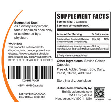 BulkSupplements HMB Capsules (-Hydroxy -Methylbutyrate) - HMB Supplement for Muscle Recovery & Endurance - Calcium HMB - 1000mg - 3-Month Supply (180 Capsules)