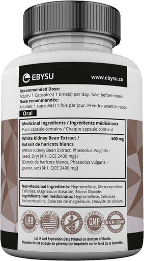 EBYSU White Kidney Bean Extract Supplement - Men and Women - 120 capsules