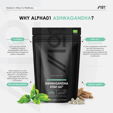 Organic Ashwagandha KSM-66AÃƒâ€šÃ‚Â® with BioPerineAÃƒâ€šÃ‚Â® - 1650mg - 5% Withanolides - Most Bioavailable Full-Spectrum Root Extract - Not Tablets or Powder - 60 Vegan Capsules Bag