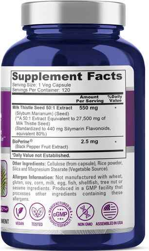 Nusapure Milk Thistle Extract 27,500Mg 120 Veggie Capsules (50:1 Extract, Non-Gmo, Vegan) Max Strength - Standardized 80% Silymarin, Bioperine