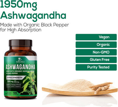 Nature'S Nutrition Organic Ashwagandha 1950 mg - Extra Strength Unwind Calm & Relax Support with BioPerine - Natural Focus & Energy Support Supplement - Nature's Non-GMO Vegan Gluten - 180 Capsules