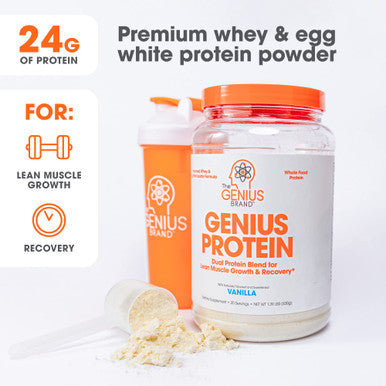 Genius Protein Powder, Vanilla - Dual Protein Blend with Improved Whey Isolate & Egg White for Lean Muscle Building for Men & Women - Grass-Fed Pre & Post Workout Meal Replacement Shake