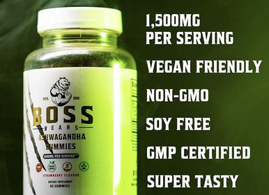 Boss Bears Ashwagandha Gummies, Chewy Strawberry, Improve Mood, 1500 mg per Serving, Gluten Free (30 Servings, Strawberry Flavor)