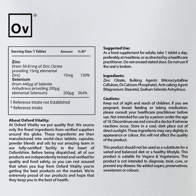Selenium 200mcg and Zinc 15mg Supplement | Hair Skin and Nails Support | by Oxford Vitality