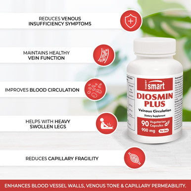 Supersmart Diosmin Plus 900 mg Per Day Flavonoid Complex 90 Total Flavonoids 80 Diosmin Circulation Vein Support Supplement NonGMO Gluten Free 90 Vegetarian Capsules