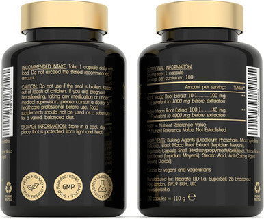 Maca Root Capsules 5000mg - High Strength 180 Maca Root Tablets for Men and Women - Black & Yellow Macca Root Powder Extract - Natural Plant-Based Booster Supplement - UK Made & Vegan