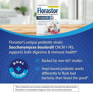 Florastor Probiotics for Digestive & Immune Health, 100 Capsules, Probiotics for Women & Men, Dual Action Helps Flush Out Bad Bacteria & Boosts The Good with Our Unique Strain Saccharomyces Boulardii