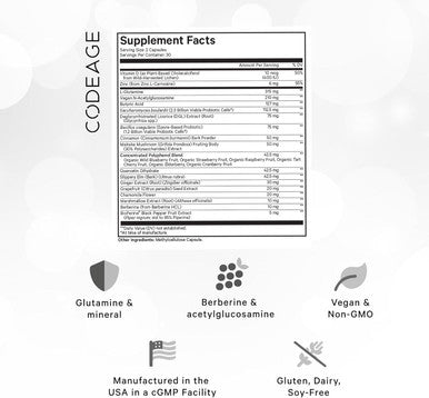Codeage Leaky Gut Supplement L-Glutamine N-Acetylglucosamine Probiotic Butyric Acid Polyphenols Quercetin DGL Marshmallow Root Berberine BioPerine Cinnamon Vegan Non-GMO 60 Capsules