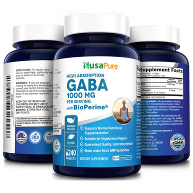 NusaPure GABA 1000 mg 240 Tablets (Vegan, Non-GMO & Gluten-Free) with Bioperine