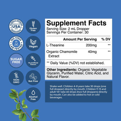 Natures Craft High Absorption L-Theanine Liquid Drops - Nootropic Focus Supplement with L Theanine 200mg Per Serving and Chamomile Extract - L Theanine Supplement for Adults and Kids Relaxation and Focus - 2oz